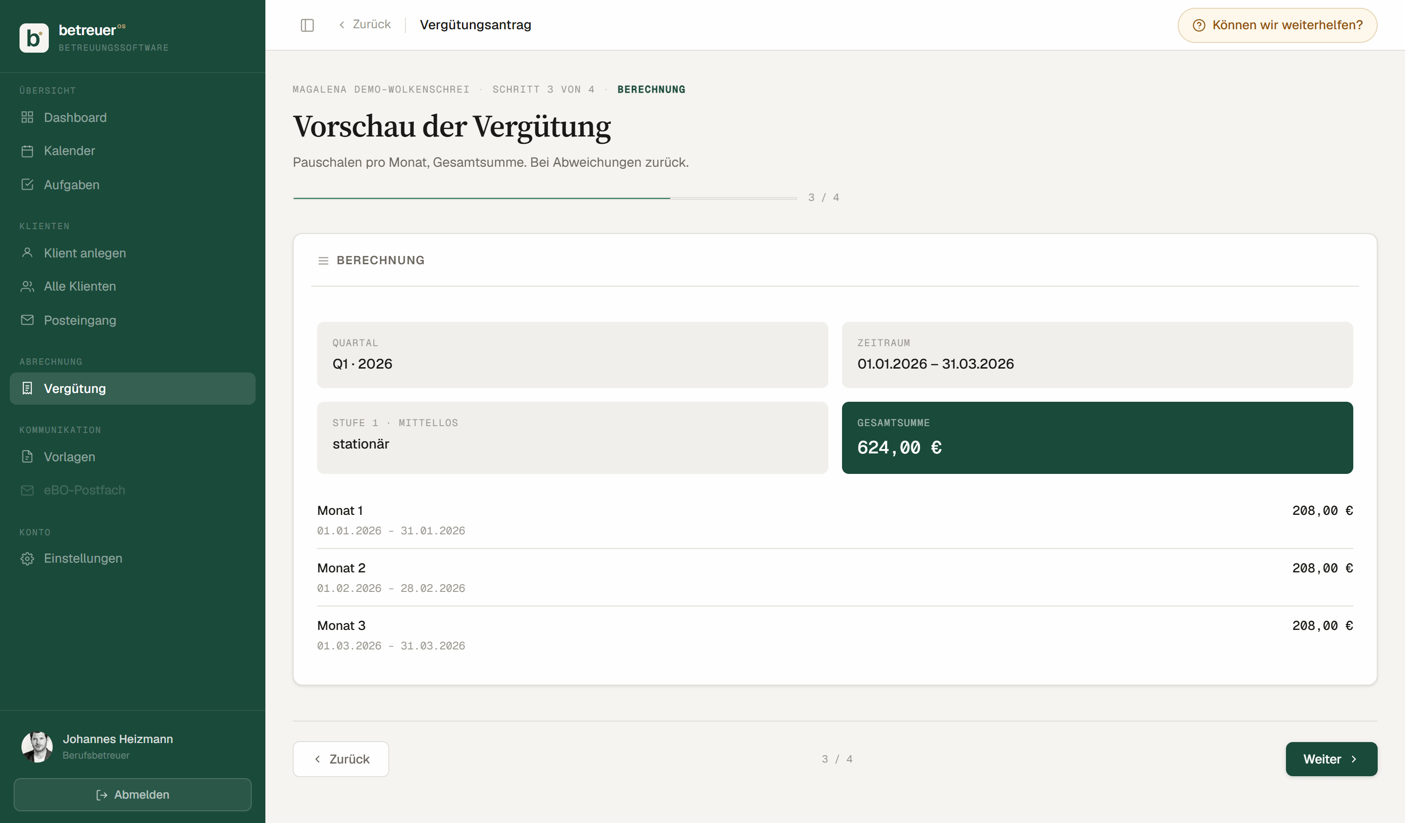 Vorschau der Quartalsvergütung mit Pauschalen pro Monat